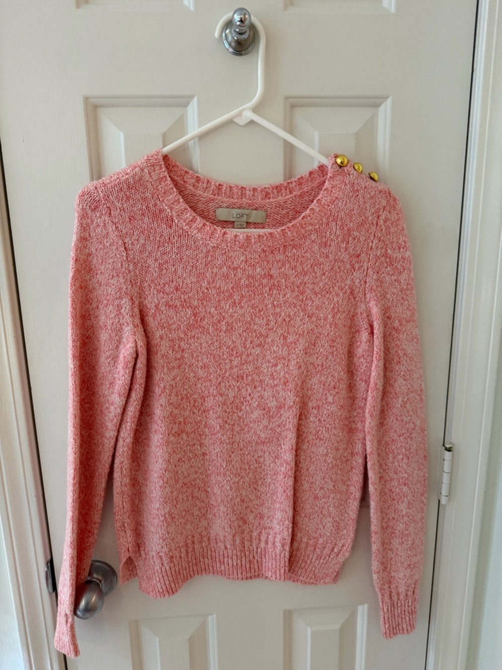 LOFT Pink Marled Crewneck Sweater with Gold Shoulder Buttons